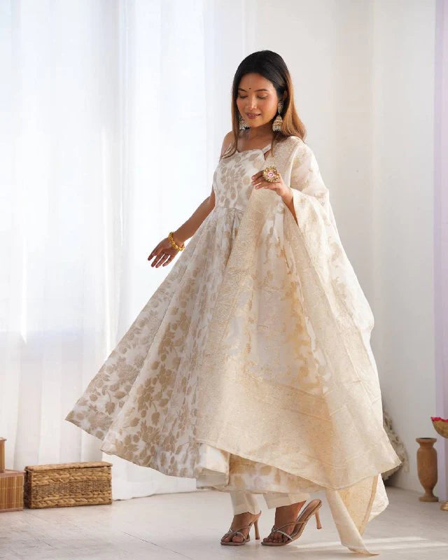 LadyVastara Royal Banarasi Jackquard Dola Silk Anarkali Gown Set