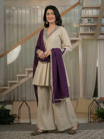 LadyVastara Women's Heavy Roman Silk Embroidered Sharara Suit Set with Hand Work, Chinnon Silk Dupatta