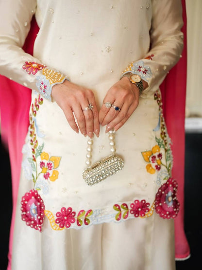 LadyVastara Heavy Roman Glass Silk Embroidered Sharara Suit Set with Chiffon Dupatta