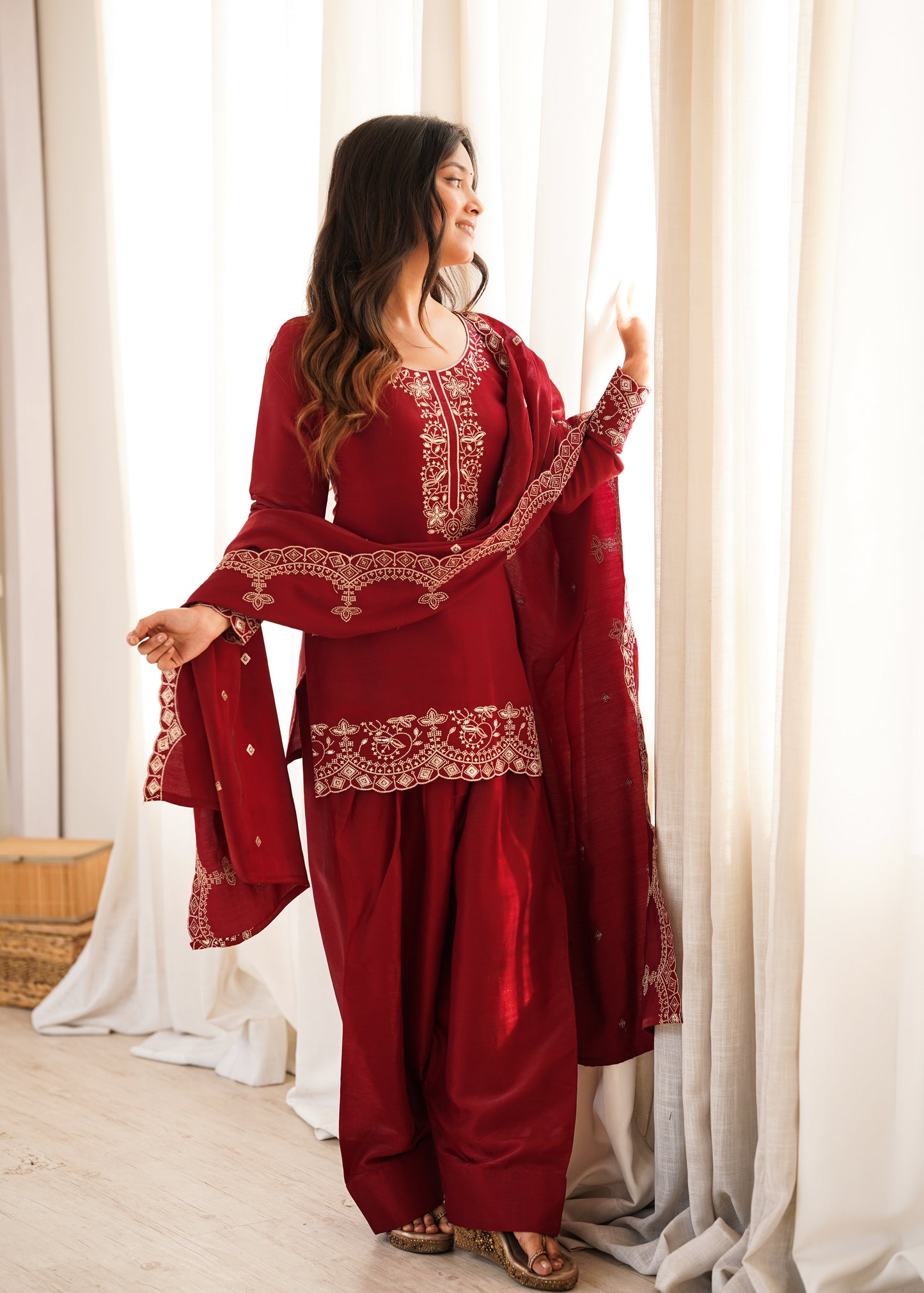 LadyVastara Elegant Glass Roman Silk Kurta Farshi Shalwar Set with Embroidered Dupatta