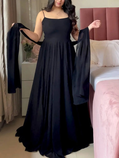 LadyVastara  Elegant Designer Faux Georgette Maxi Anarkali Suit Set With Koti & Dupatta