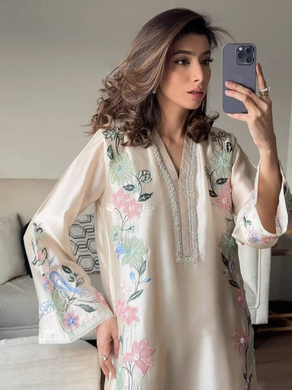 Women's Pure Roman Glass Embroidered Long Kaftan Set with Bottom & Dupatta