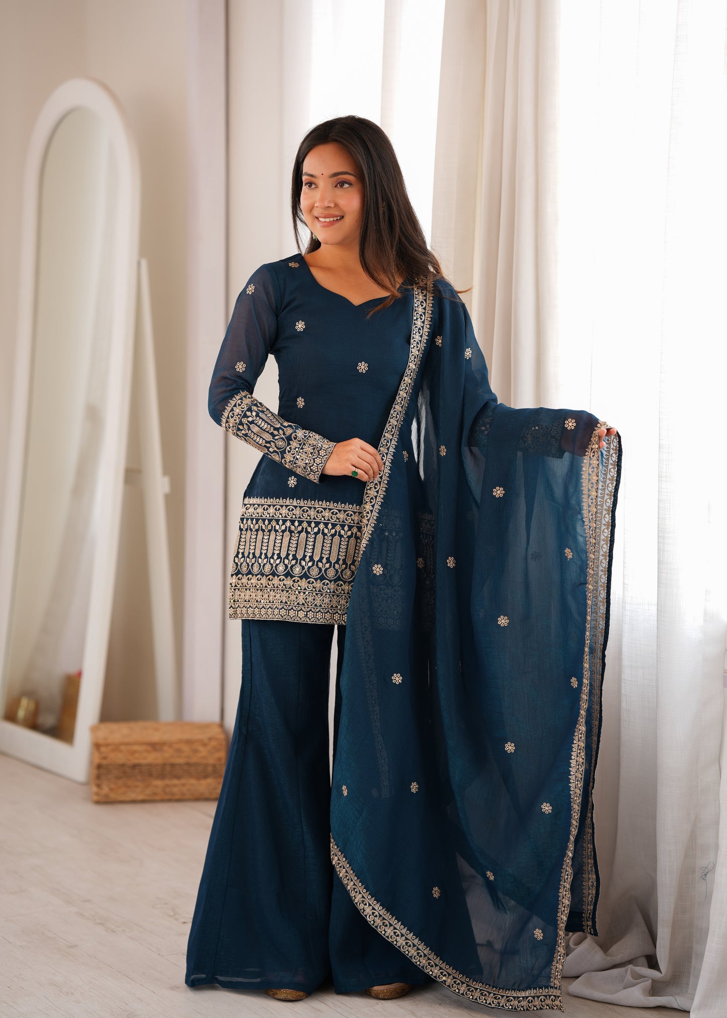 LadyVastara Crunchy Silk Embroidered Kurta with Bell Bottom Pant & Dupatta