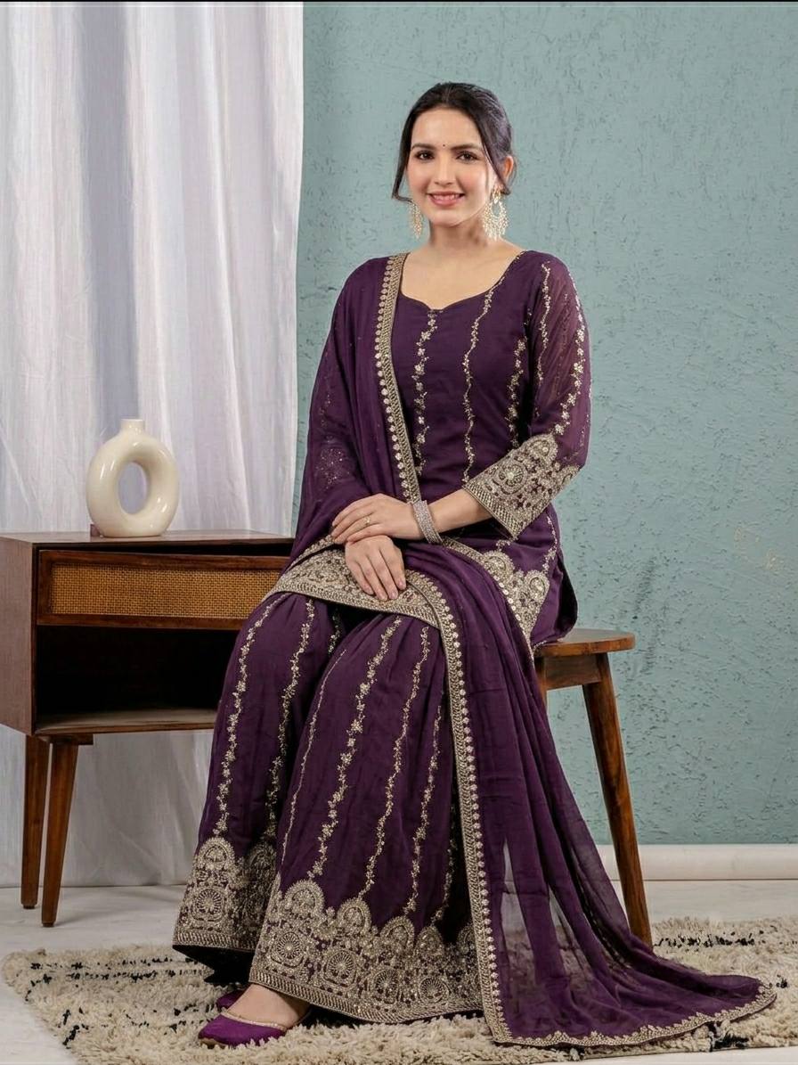 LadyVastara Premium Heavy Crunchy Silk Embroidered Sharara Suit Set for Women with Sequins Work & Dupatta