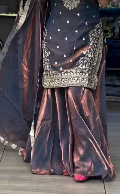 LadyVastara Luxury Embroidered Fandy Silk Sharara Suit for Engagement & Reception