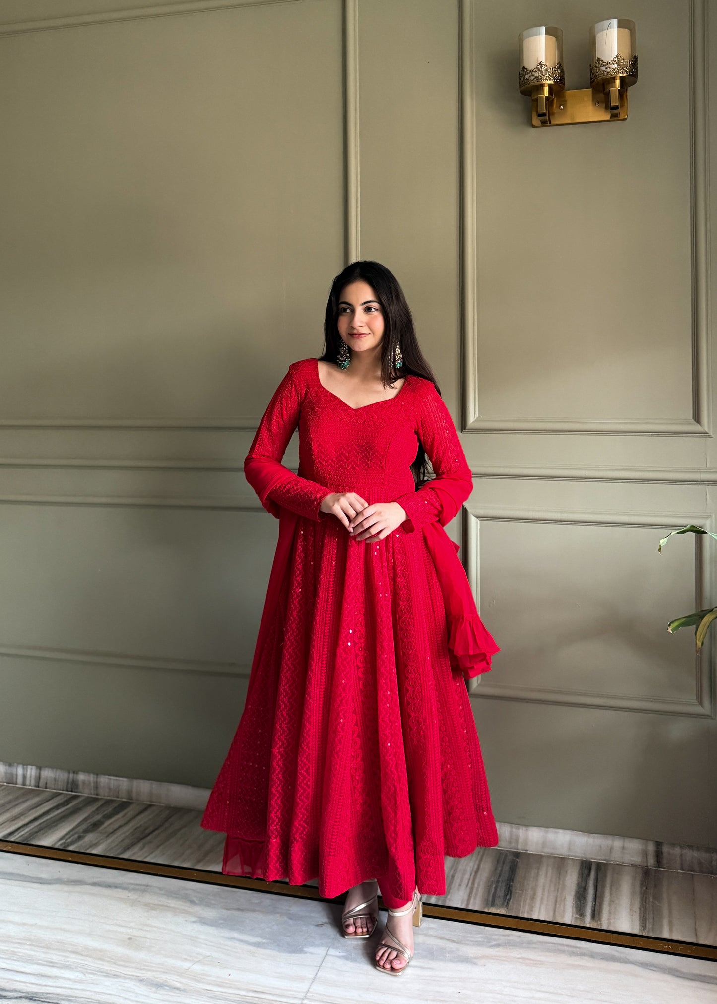 LadyVastara Heavy Fox Georgette Lucknowi Embroidered Anarkali Suit Set with Ruffle Dupatta