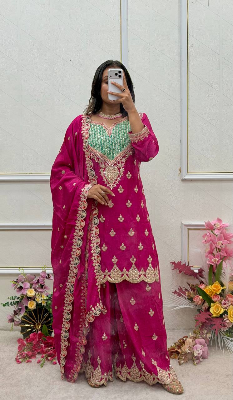 Chinon Silk Embroidered Mirror Work Palazzo Suit Set with Dupatta