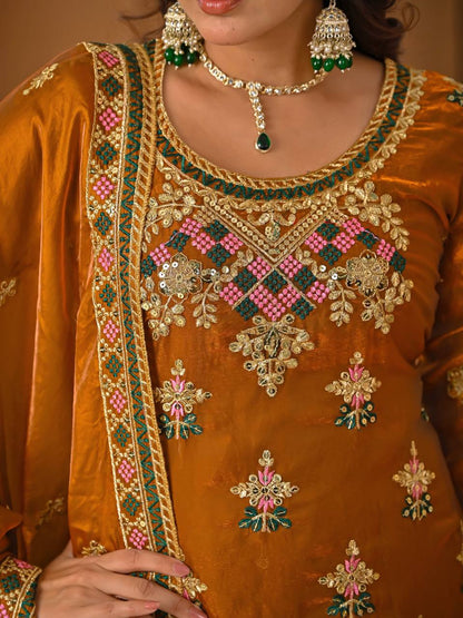 LadyVastara Designer Heavy Fandy Silk Kurta Sharara Palazzo Set with Embroidery & Dupatta