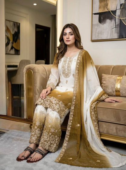 Heavy Dual Tone Georgette Embroidered Diamond Work Kurta Palazzo Set