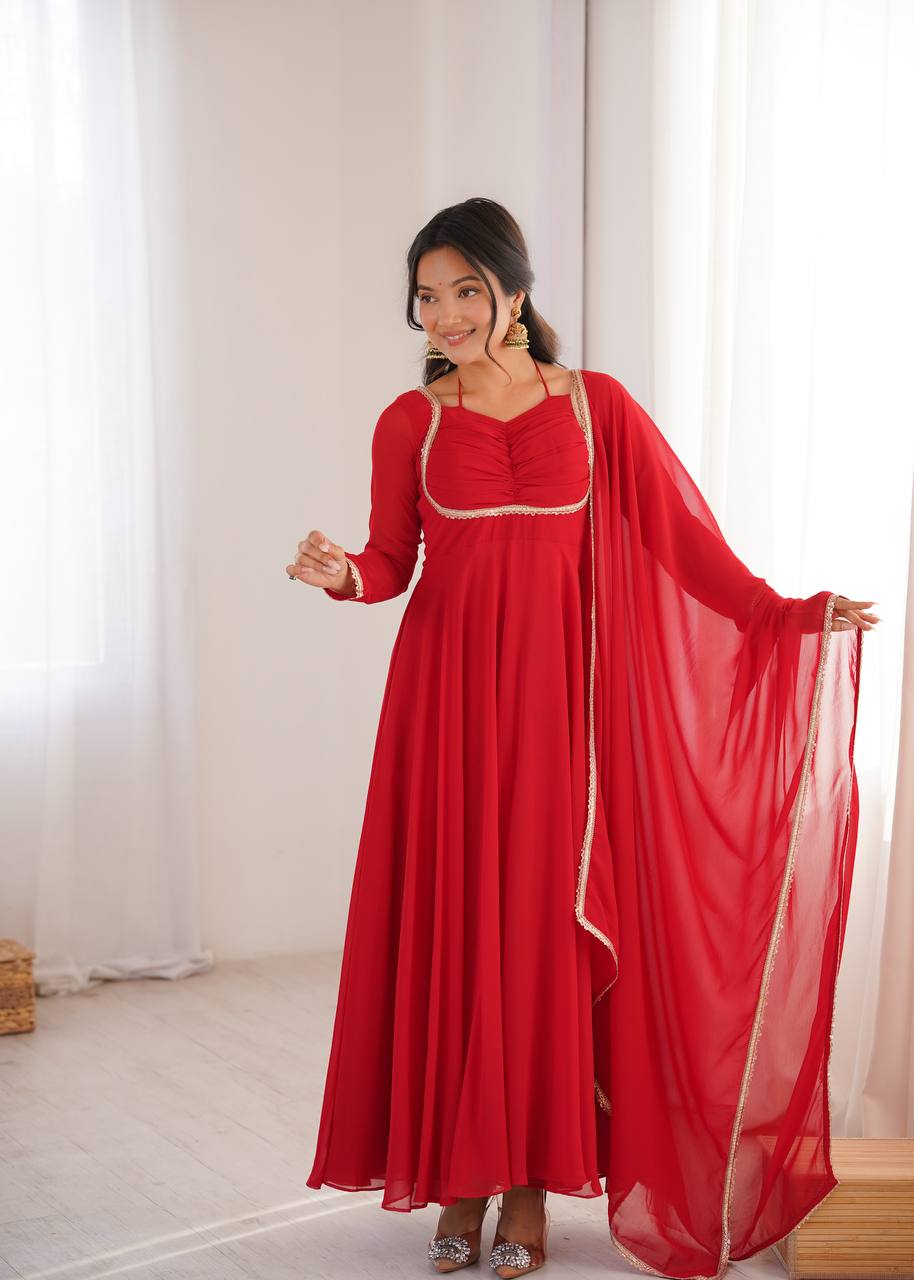 LadyVastara Premium Designer Fox Georgette Long Gown with Rich Flare & Lace Dupatta