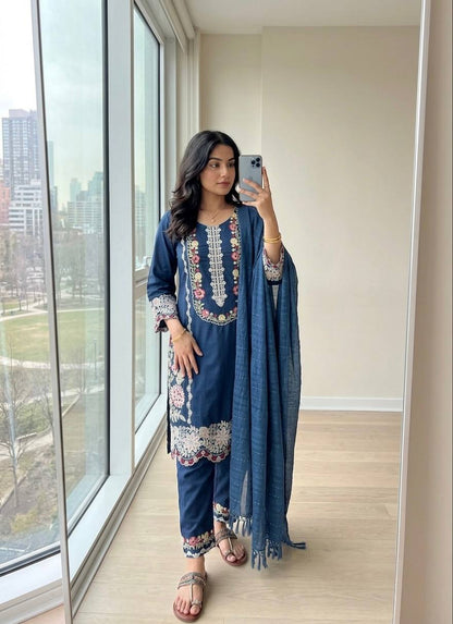 Women's Pure Satin Rayon Embroidered Kurta Set with Bottom & Dupatta