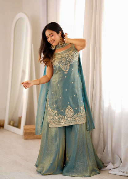 LadyVastara Premium Pure Fendy Silk Embroidered Sharara Set with Dupatta