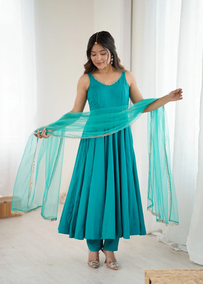 LadyVastara Premium Chanderi RomanSilk Anarkali with Soft Net Dupatta & Fancy Lace Work