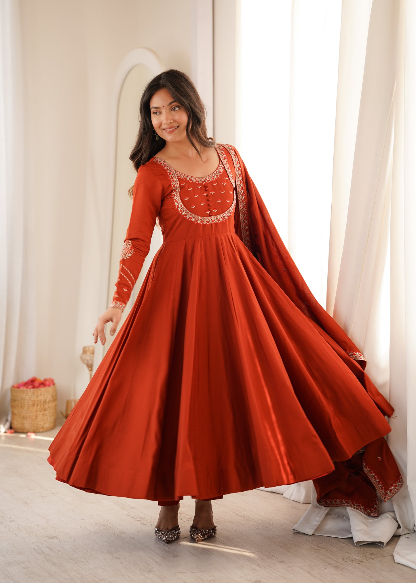 LadyVastara Premium Roman Chanderi Silk Anarkali Suit with Pant & Dupatta