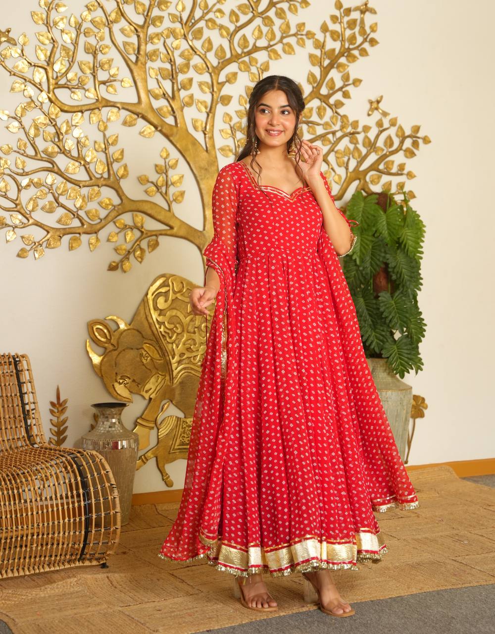 LadyVastara Bandhej Print Faux Georgette Gown Set with Dupatta & Bottom