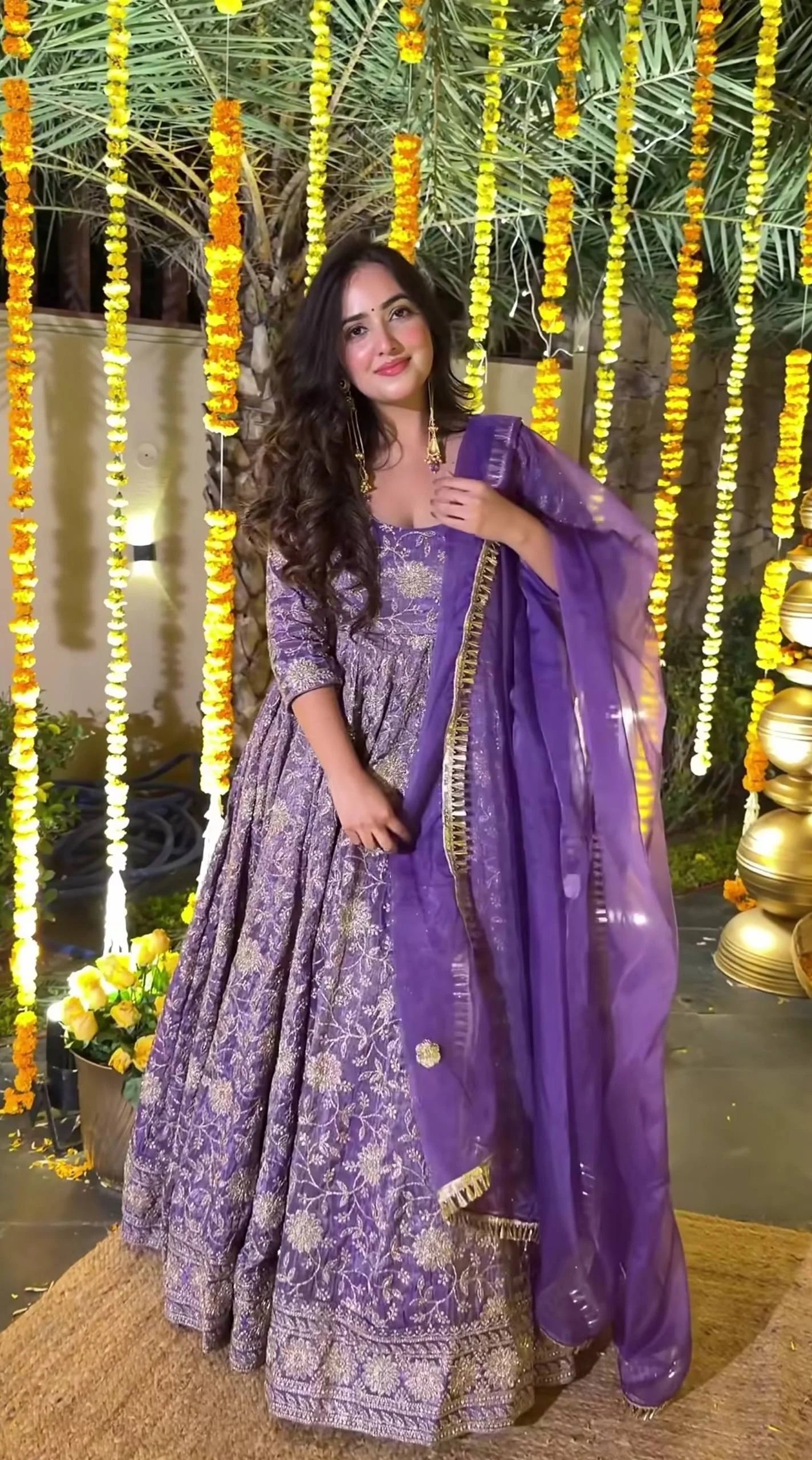 LadyVastara Purple Embroidered Crunchy Silk Anarkali Suit Set with Organza Dupatta