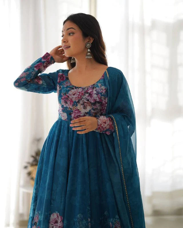 LadyVastara Pure Soft Organza Silk Fully Flared Kali Cut Anarkali Suit Set with Dupatta & Pant