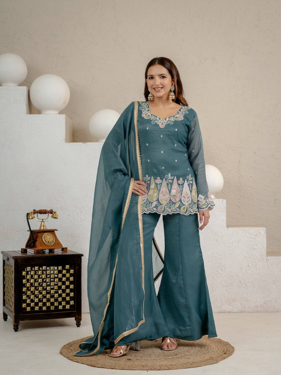 LadyVastara Heavy Crunchy Silk Embroidered Kurta Set with Palazzo & Dupatta