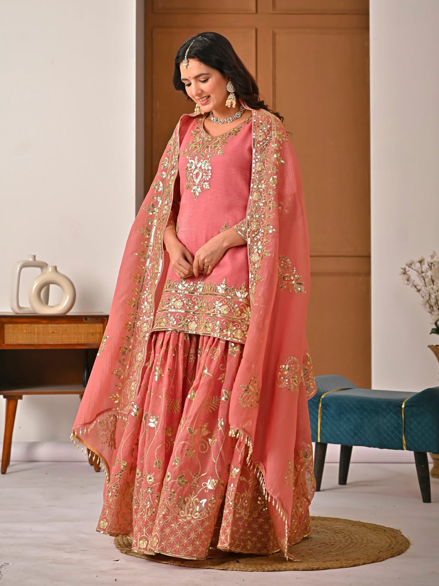 LadyVastara Royal Peach Crunchy Silk Embroidered Sharara Set