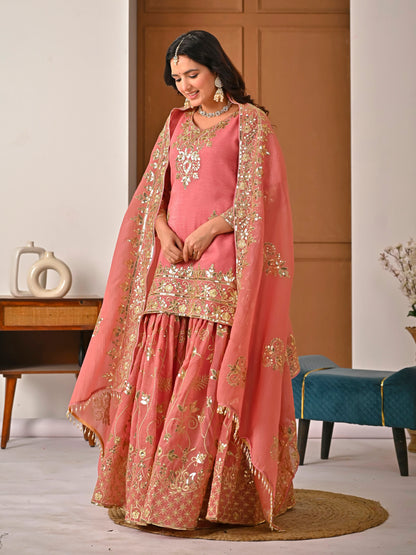 LadyVastara Royal Peach Crunchy Silk Embroidered Sharara Set
