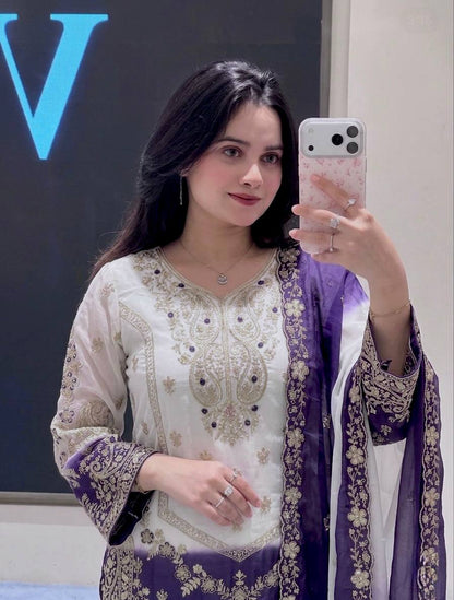 Women's Heavy Dual Tone Star Georgette Embroidered Kurta Palazzo Set with Dupatta