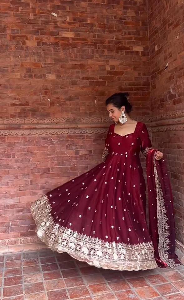 LadyVastara Royal Maroon Anarkali Set with Heavy Embroidery & Matching Dupatta