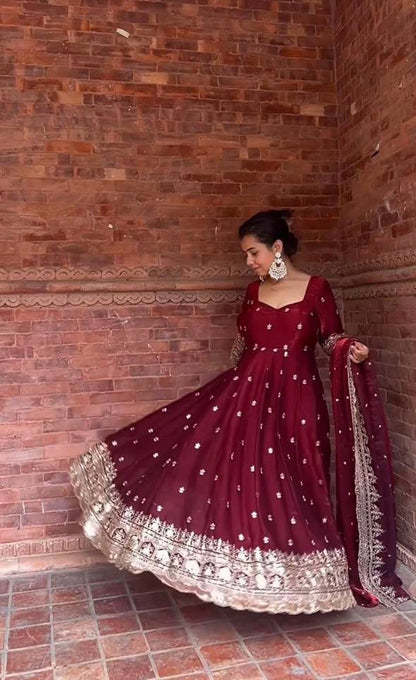 LadyVastara Royal Maroon Anarkali Set with Heavy Embroidery & Matching Dupatta