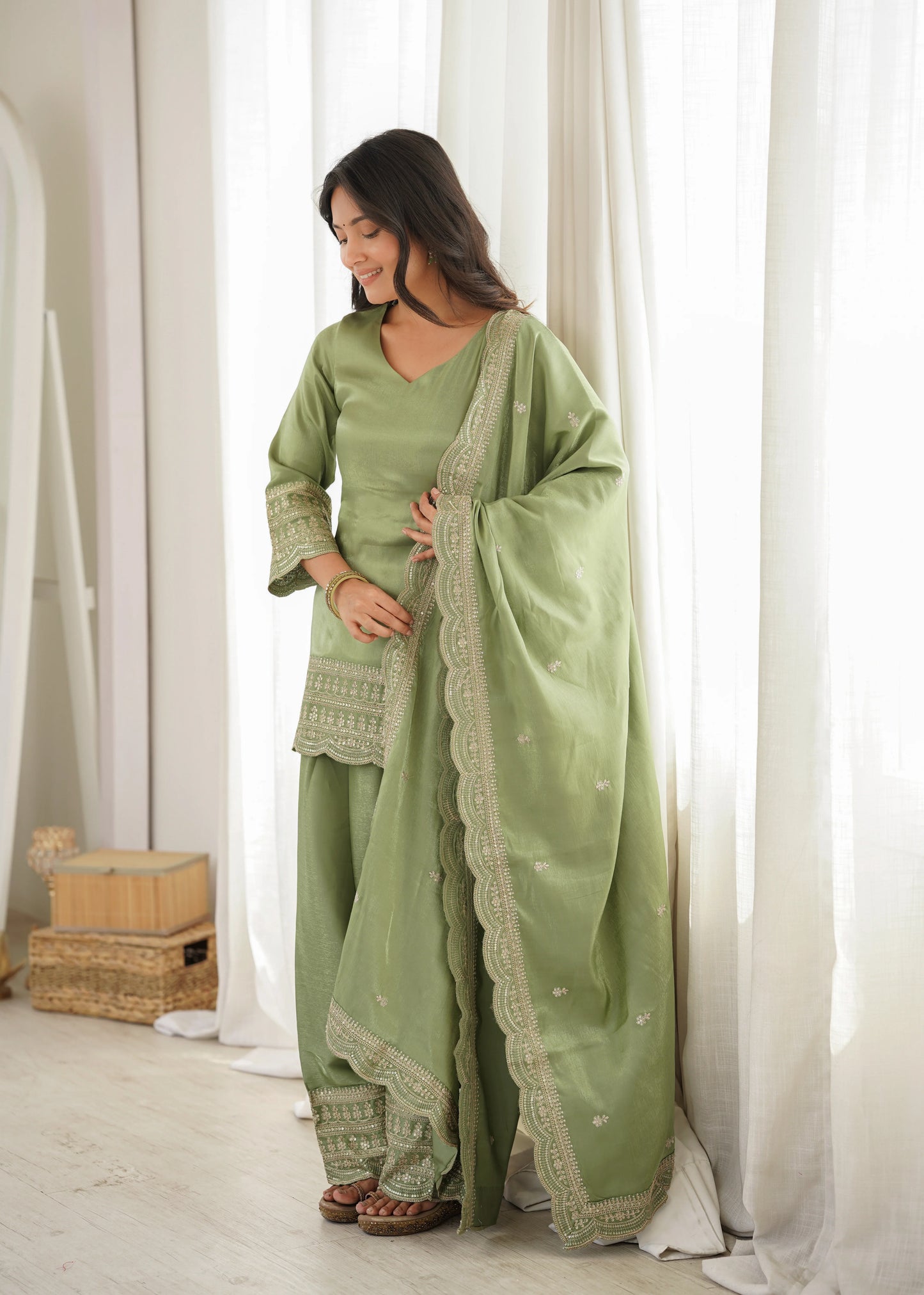 LadyVastara Designer Glass Roman Silk Farshi Salwar Suit with Sequence Dori Jari Work