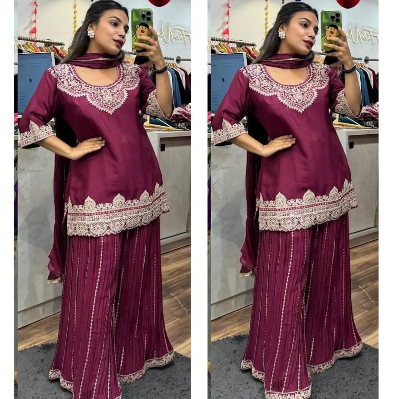 LadyVastara Royal Chinnon Silk Embroidered Top–Sharara–Dupatta Set