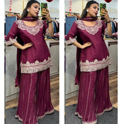 LadyVastara Royal Chinnon Silk Embroidered Top–Sharara–Dupatta Set