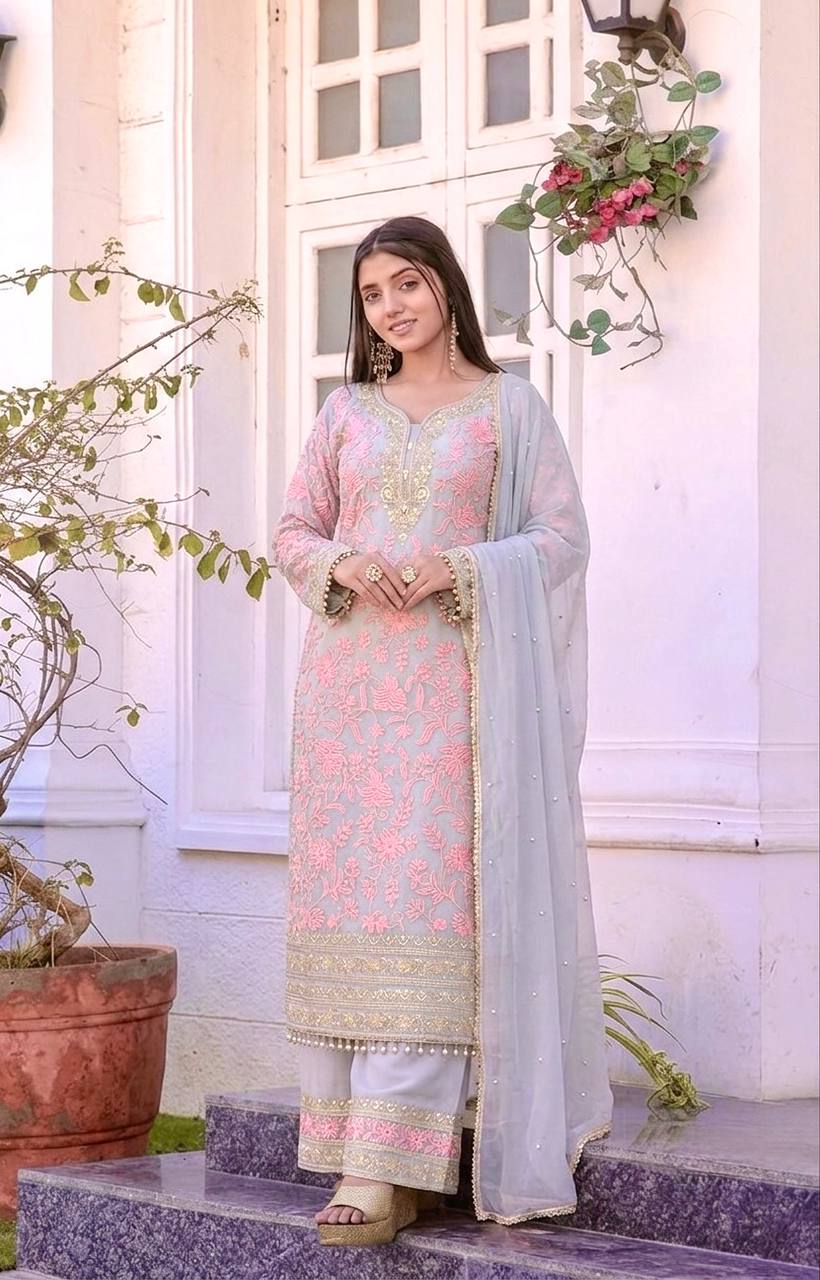 LadyVastara Elegant Faux Georgette Embroidered Kurta Plazzo Set with Dupatta
