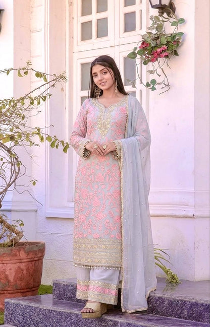 LadyVastara Elegant Faux Georgette Embroidered Kurta Plazzo Set with Dupatta