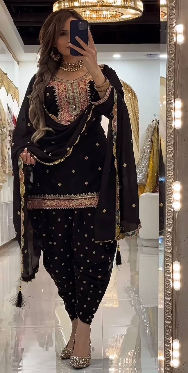 LadyVastara Elegant Faux Georgette Embroidered Top with Dhoti Salwar & Dupatta Set