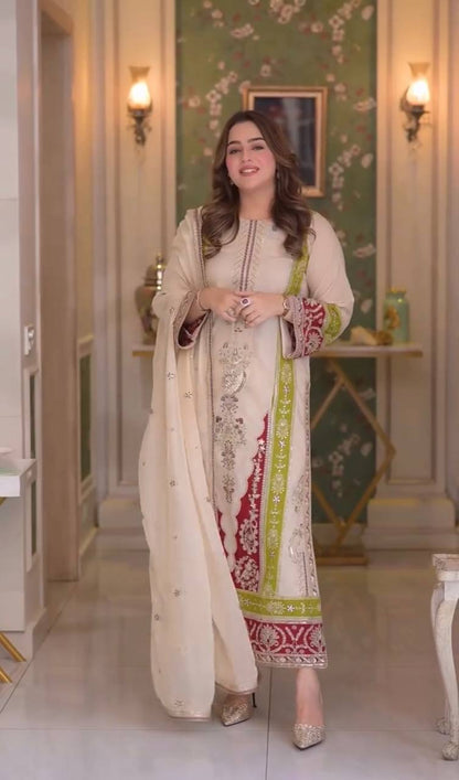 LadyVastara Elegant Embroidered Roman Silk Kurta Set for Festive Occasions