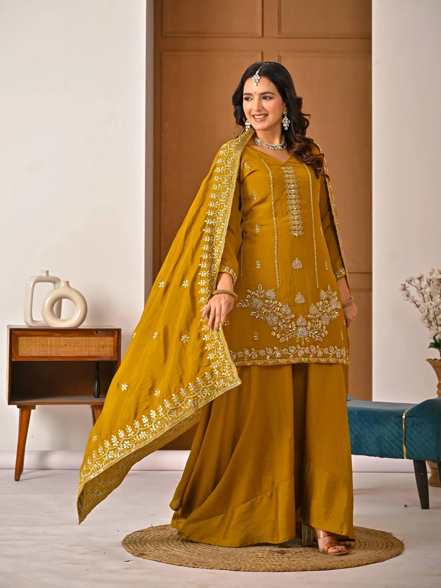 LadyVastara Women's Heavy NC Vichitra Embroidered Sharara Set with Dupatta