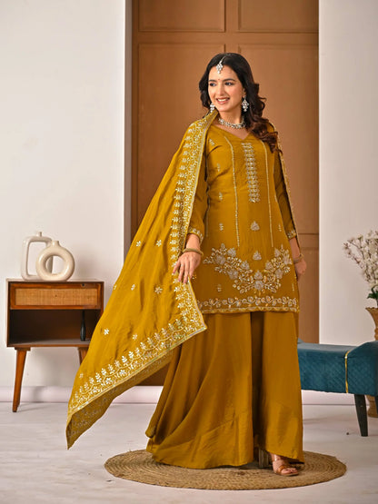 LadyVastara Women's Heavy NC Vichitra Embroidered Sharara Set with Dupatta