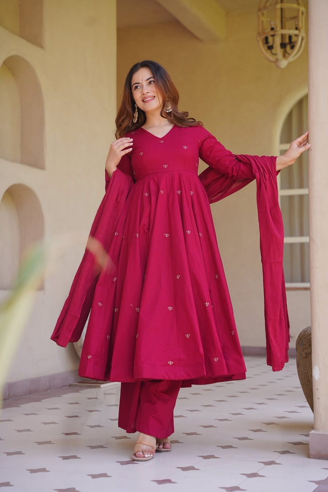 LadyVastara Heavy Roman Silk Embroidered Anarkali Kurta Set with Palazzo & Chanderi Silk Dupatta