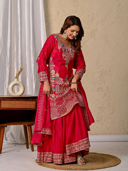 LadyVastara Designer Chinnon Silk Kurta Sharara Set with Embroidered Dupatta