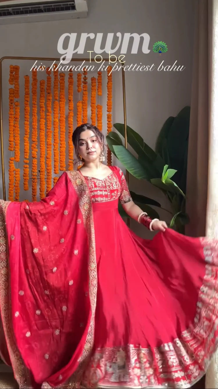 Ladyvastara Royal Red Anarkali Set with Heavy Embroidery | Bridal & Festive Wear
