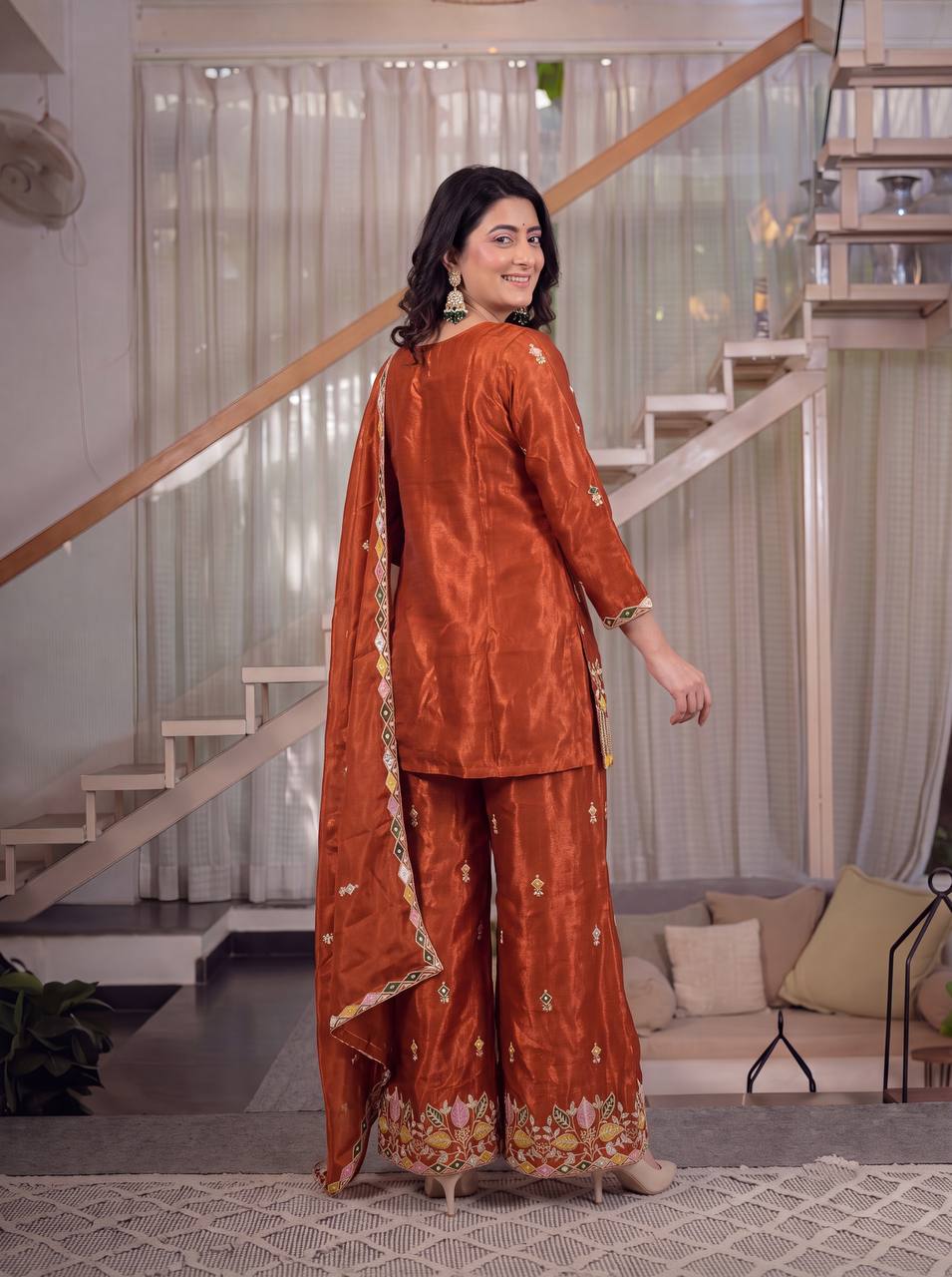 LadyVastara Premium Sindoori Satin Silk Embroidered Palazzo Suit Set for Women