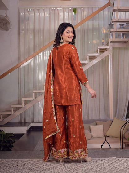 LadyVastara Premium Sindoori Satin Silk Embroidered Palazzo Suit Set for Women