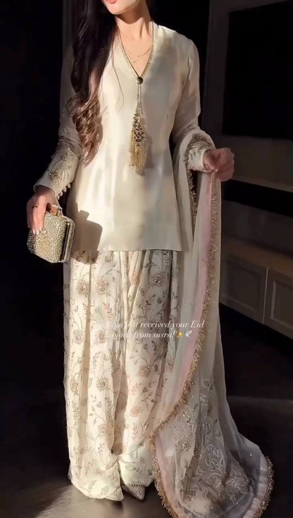 Ladyvastara Luxury Party Wear Farshi Plazzo Suit with Embroidered Organza Dupatta