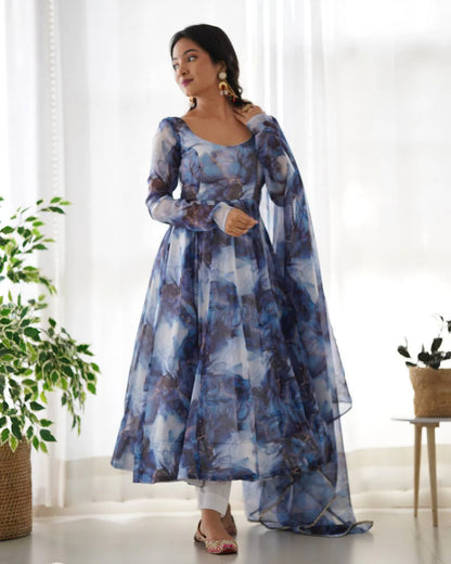LadyVastara Women’s Pure Soft Organza Silk Marble Print Anarkali Suit Set with Gota Patti Dupatta