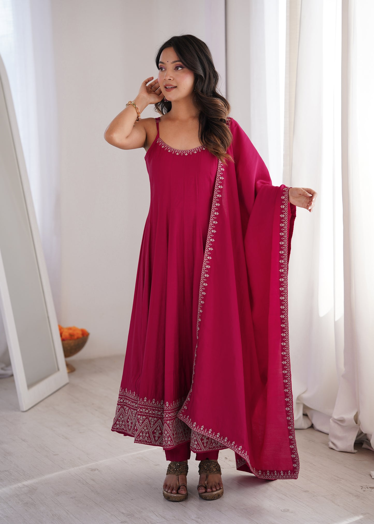 LadyVastara Elegant Sleeveless Roman Silk Chanderi Anarkali Dress