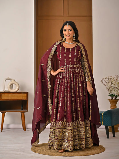 LadyVastara Elegant Maroon Ethnic Kurta Palazzo Set with Full Embroidery