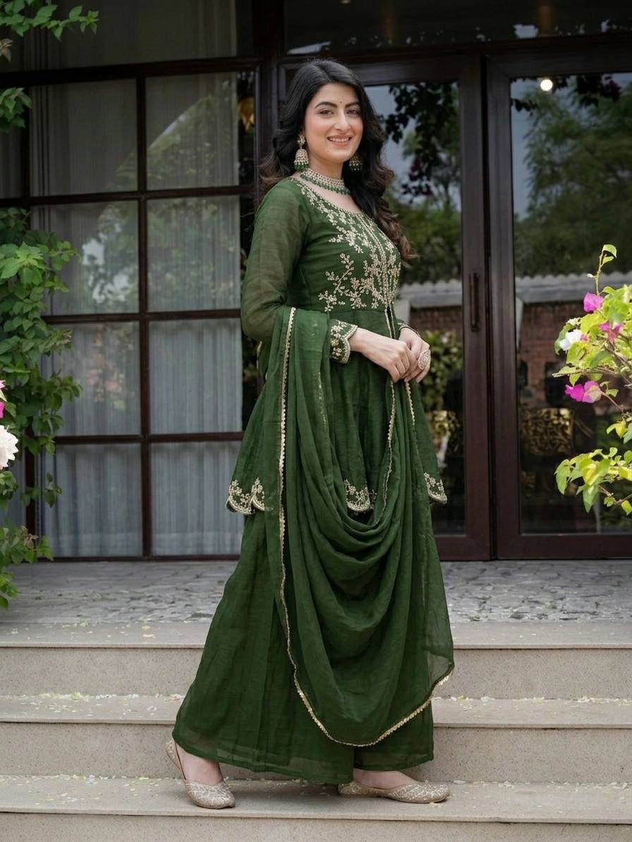 LadyVastara Royal Green Embroidered Kurta Palazzo Dupatta Set for Women