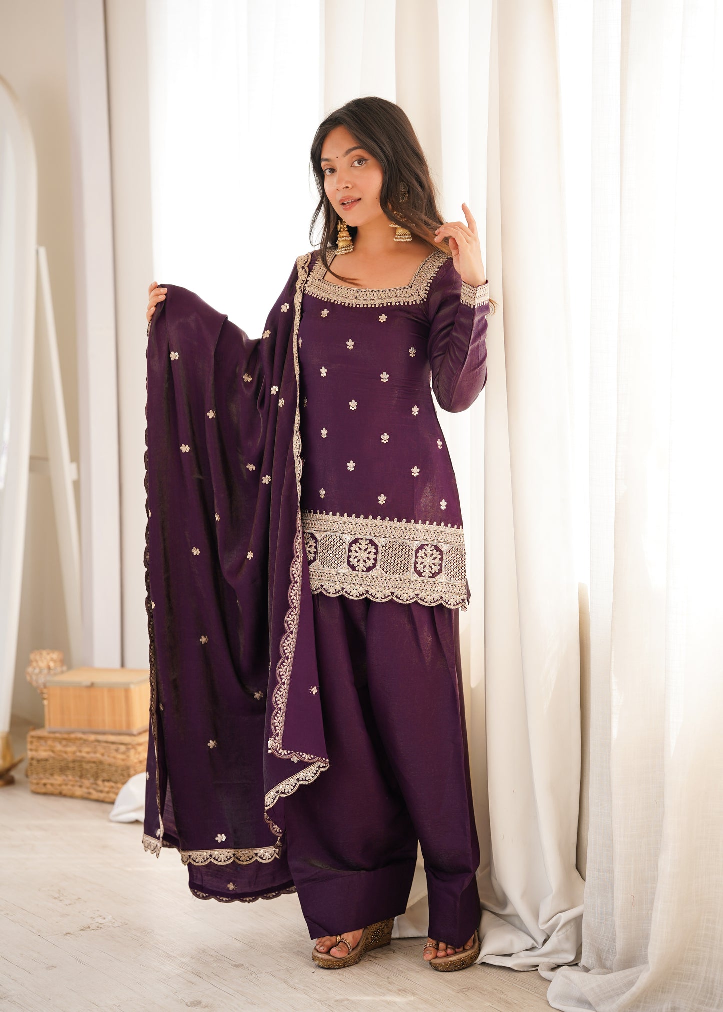 LadyVastara Premium Glass Roman Silk Embroidered Kurta Farshi Shalwar Set with Dupatta