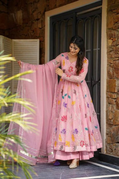 LadyVastara Multicolor Floral Embroidery Gown Sharara Set with Gota Patti Dupatta