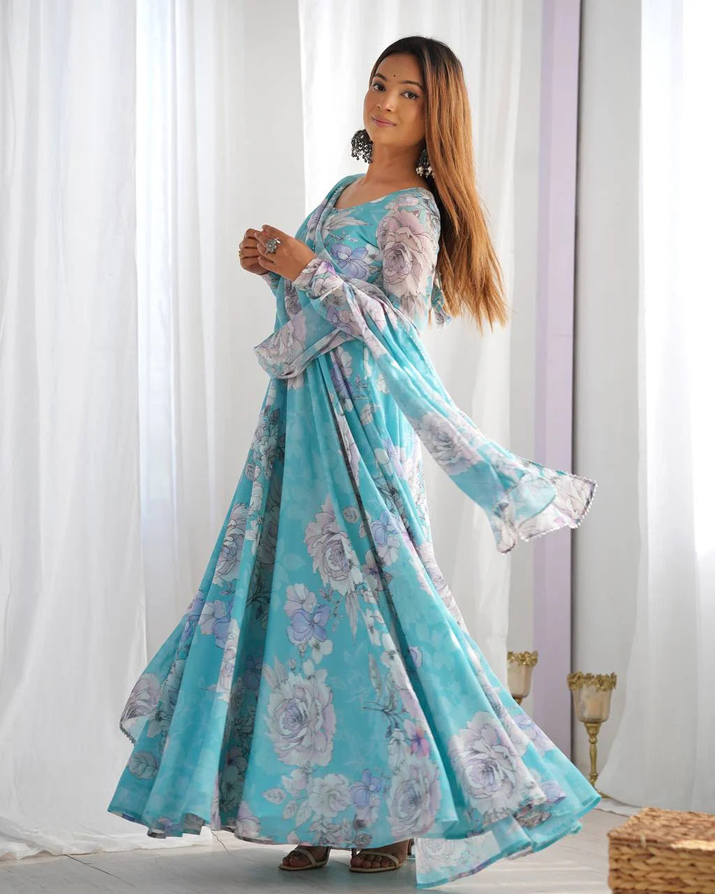 LadyVastara Designer Floral Print Fox Georgette Anarkali Gown