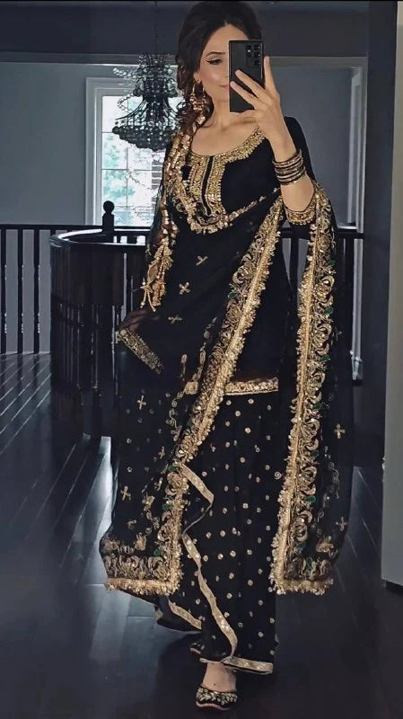 LadyVastara Designer Malay Silk Top with Faux Georgette Dhoti Skirt